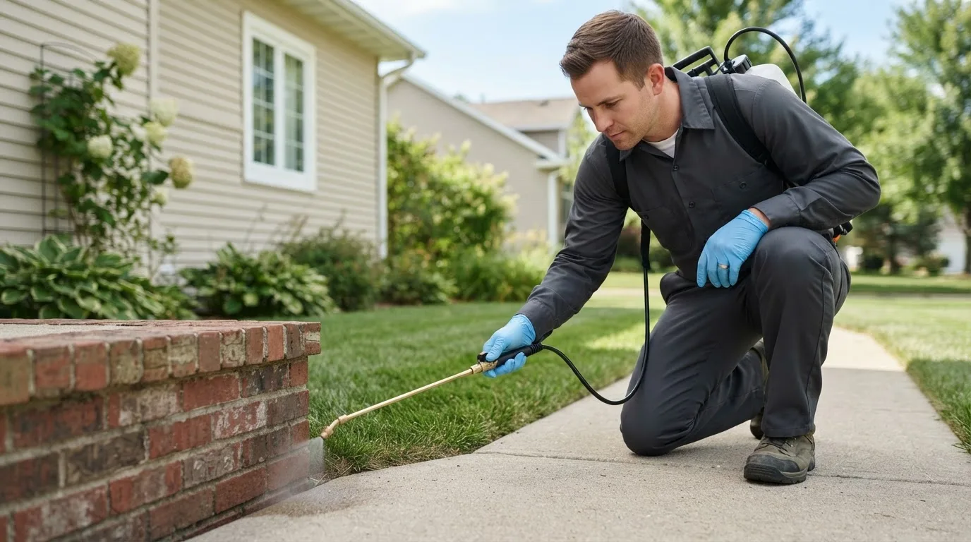 Pest control technician treating a home near Baytown, TX